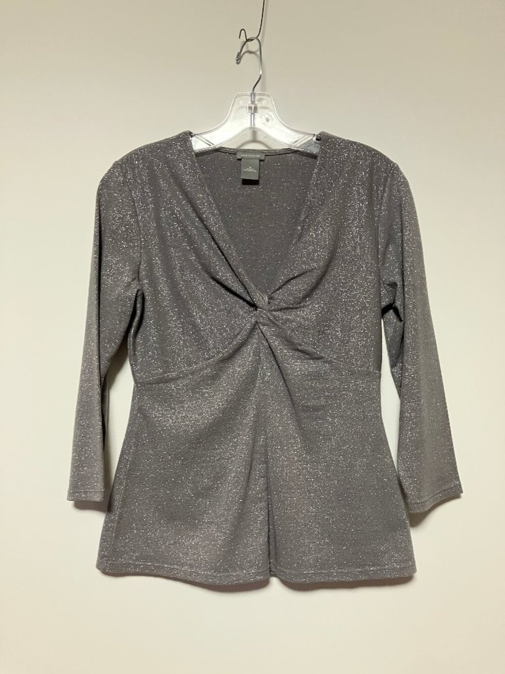 Ann Taylor Gray Silver Metallic Shimmer Twist Front V-Neck Top Size Medium
